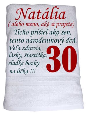 Osuška s básničkou – ticho prišiel ako sen, narodeninový deň. S menom aké si prajete a číslom 30 - Image 2