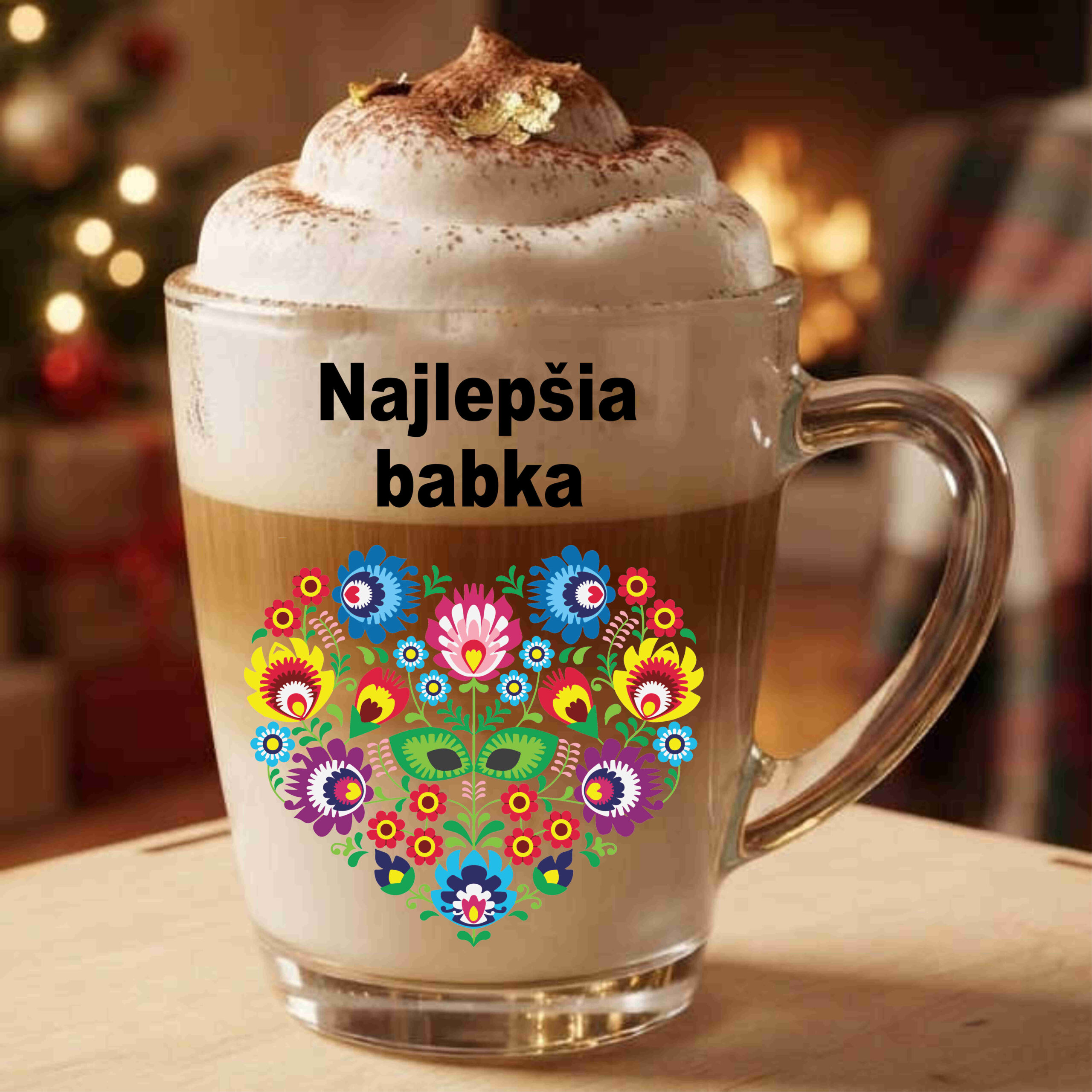 Sklenený hrnček (300 ml) – Folklórne srdiečko a Najlepšia babka