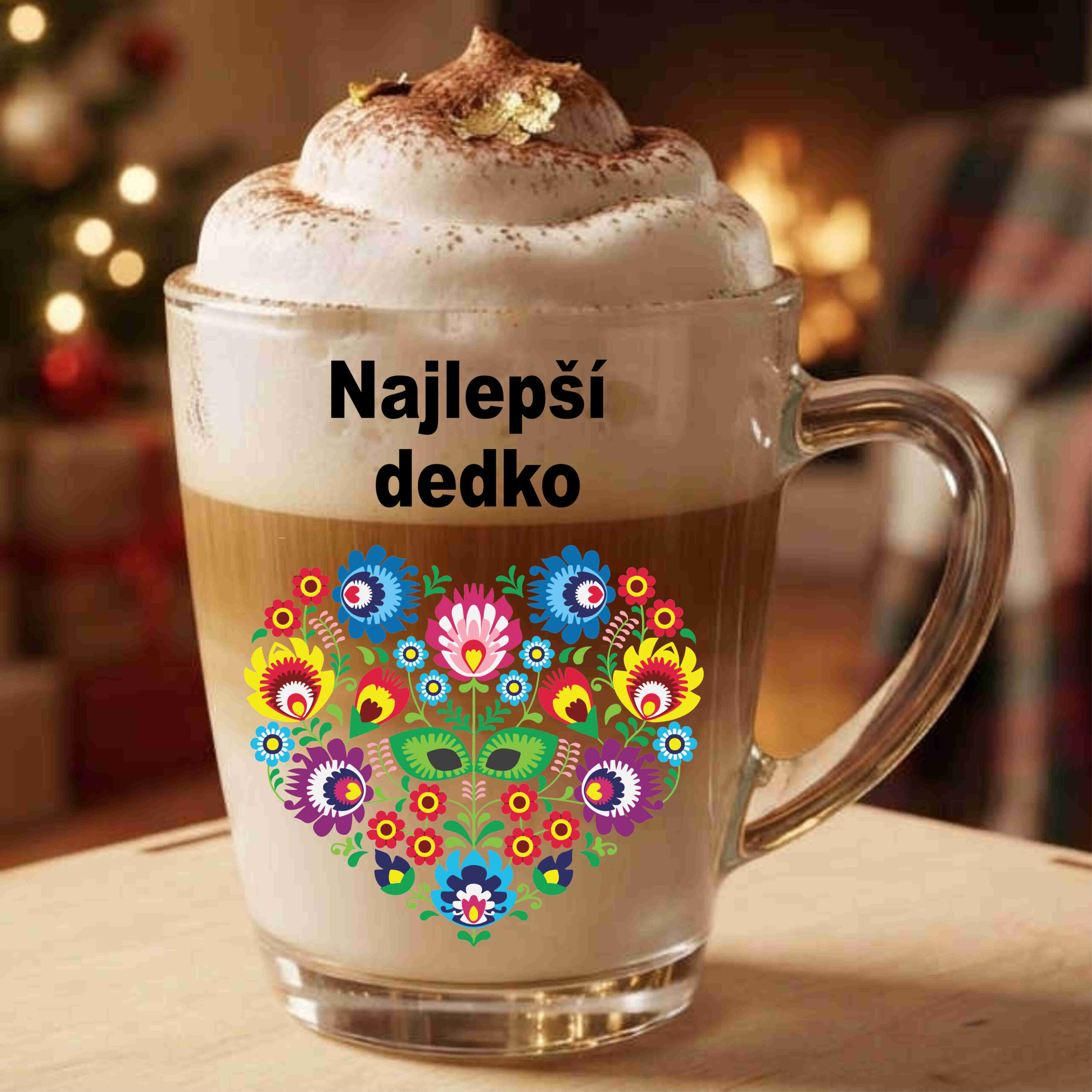 Sklenený hrnček (300 ml) – Folklórne srdiečko a Najlepší dedko