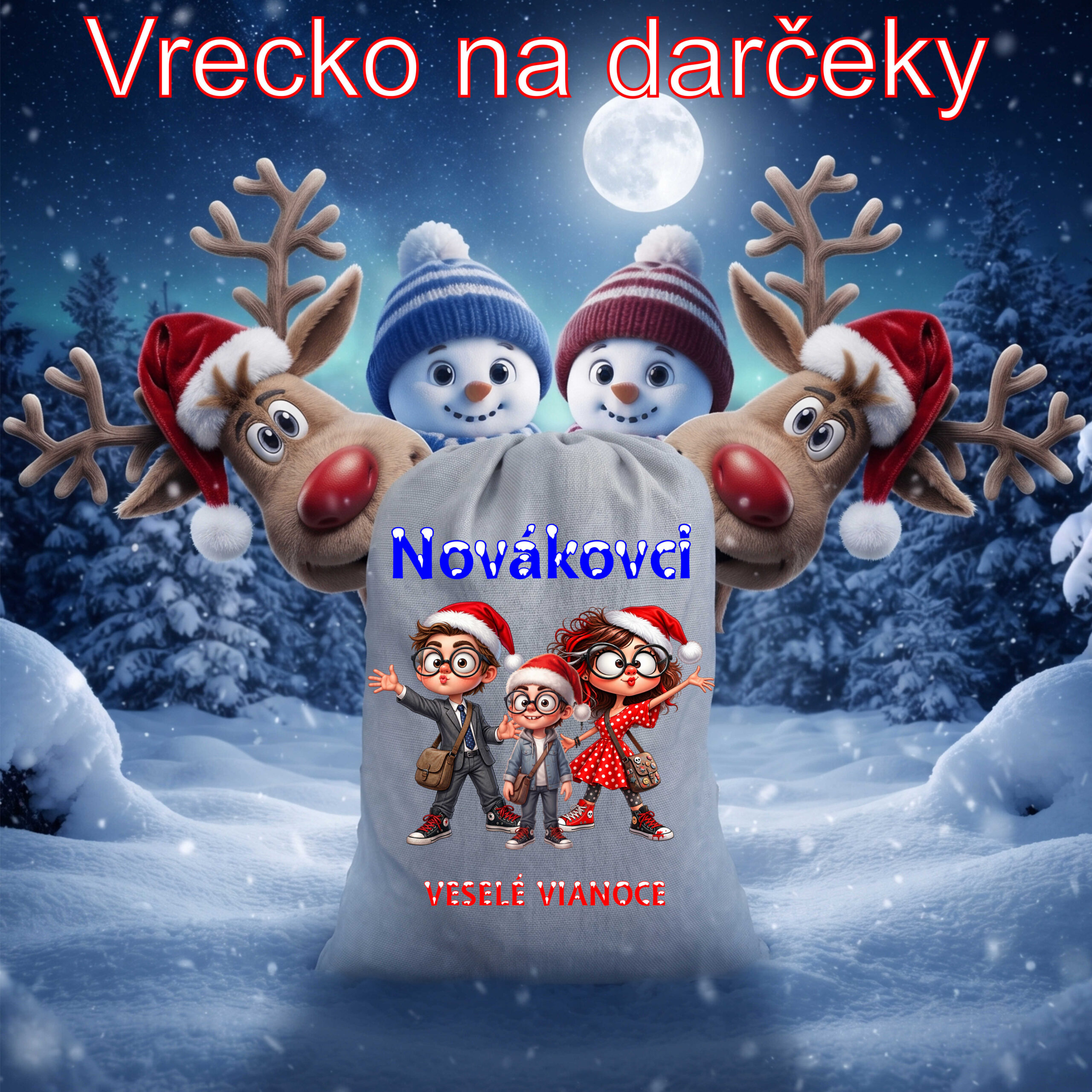 Vrecko - muž, žena a chlapček s priezviskom na želanie.