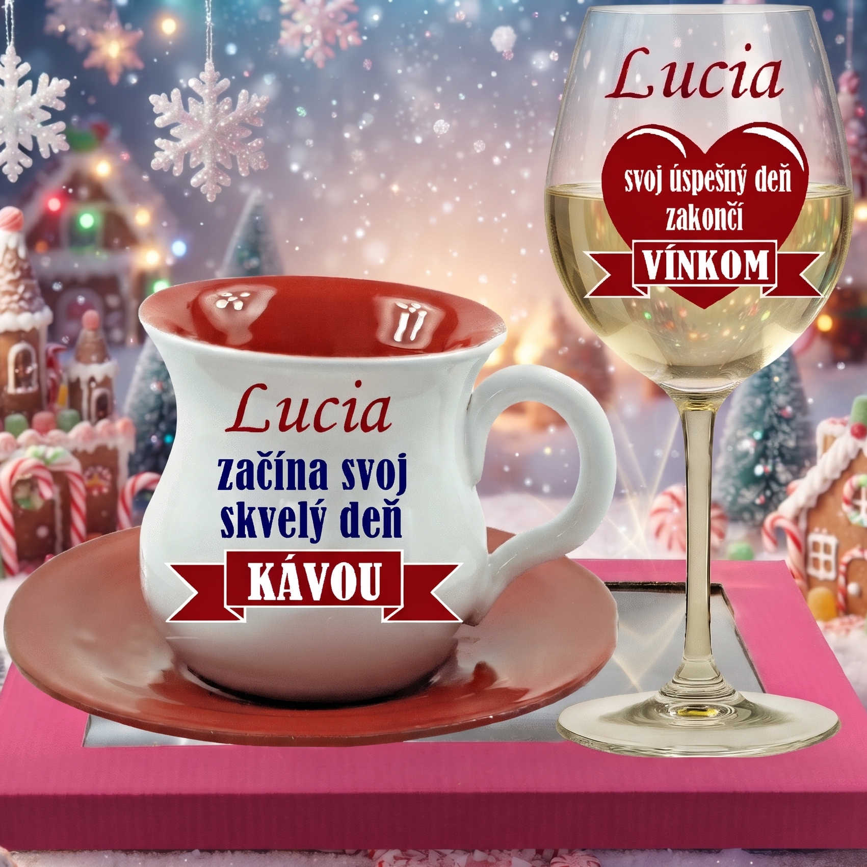 Šálka s vínovým pohárom a menom na prianie.